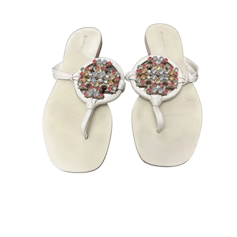 Tory Burch crystal miller square toe calf leather embellished sandal Sz 7.5